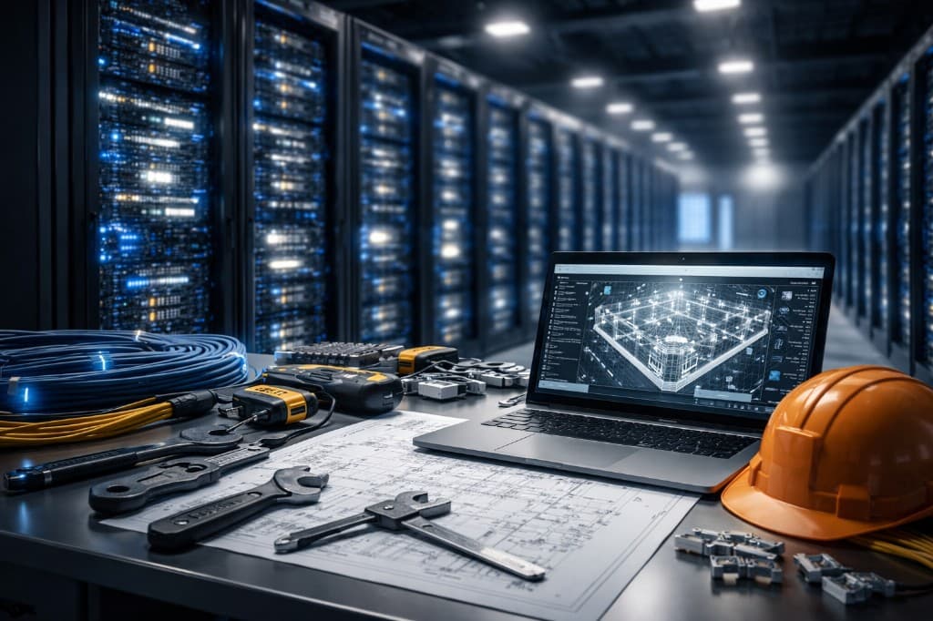Data center workbench with engineering tools, laptop and blueprints