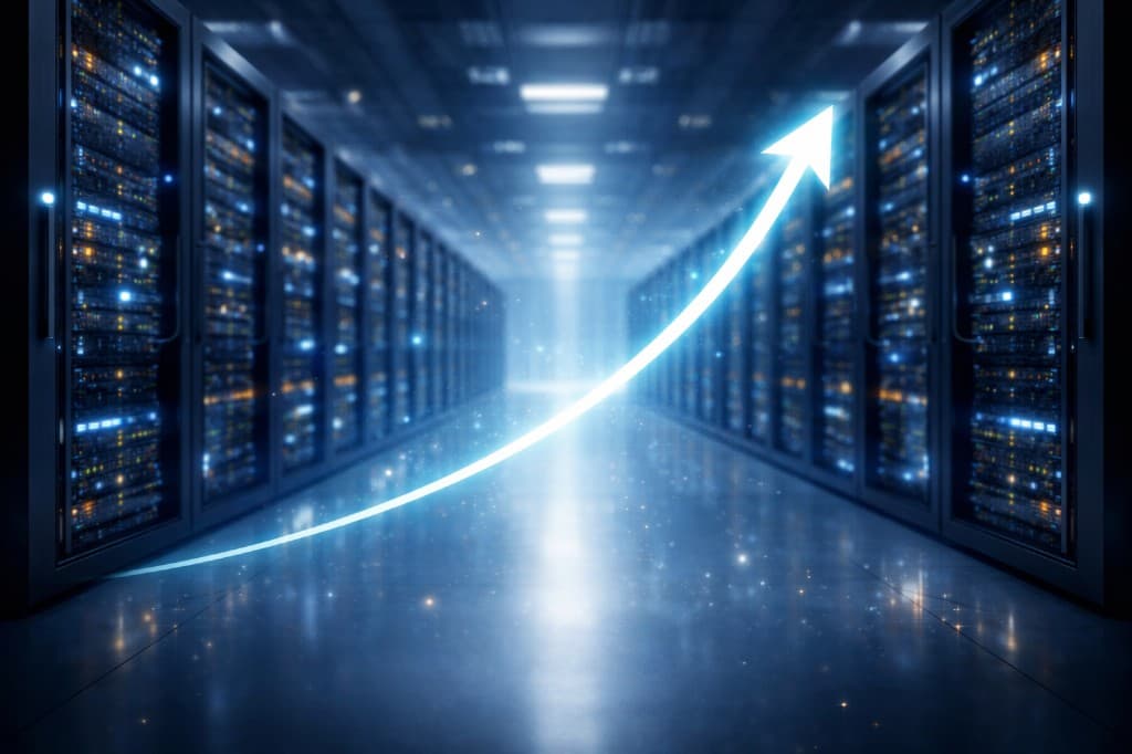 Data center corridor with glowing growth arrow