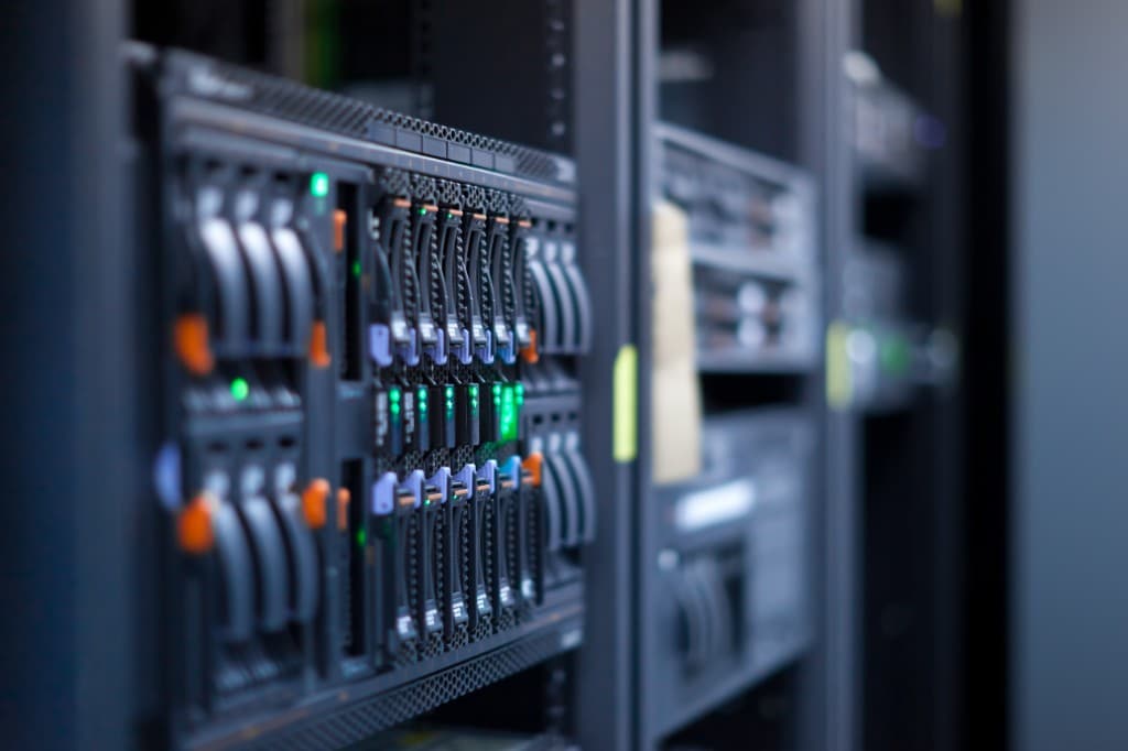 Close-up of server rack hardware with cable management
