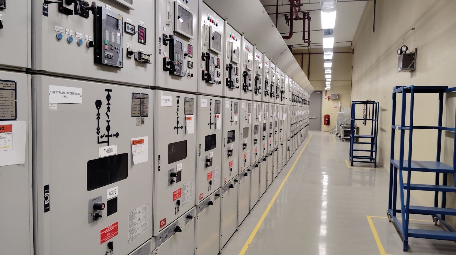 Lineup of 13.8kV medium voltage switchgear cubicles in a data center electrical plant room